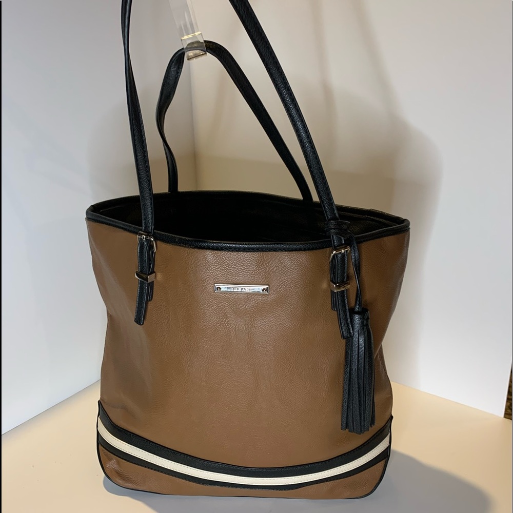 Nine West Tote Bag. Cognac with Cream and Black Stripe